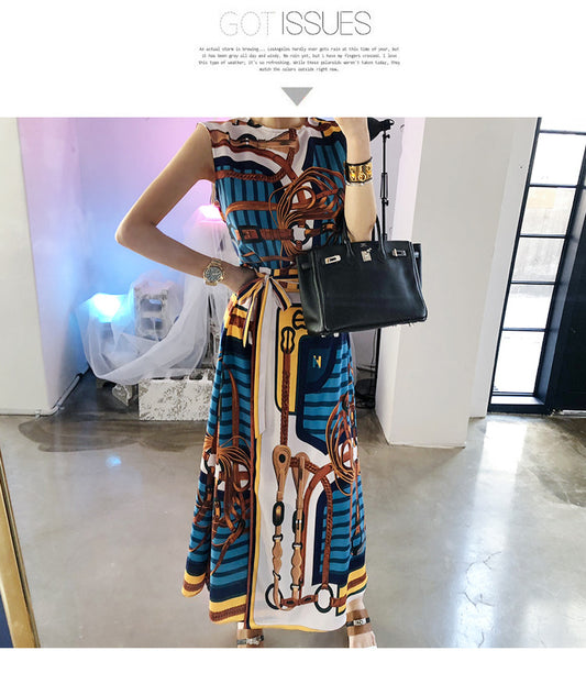 Conjunto Verano 2 Piezas: Blusa Vintage Estampada sin Mangas y Falda Larga con Cordones - Image 2