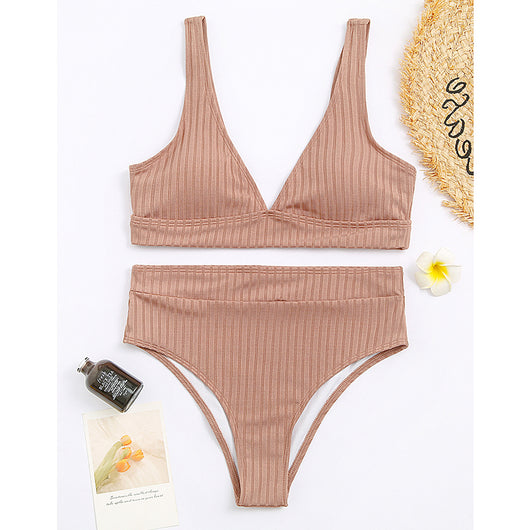 Conjunto de Bikini Acanalado de Cintura Alta y Cuello en V - Image 12