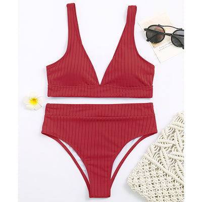 Conjunto de Bikini Acanalado de Cintura Alta y Cuello en V - Image 13