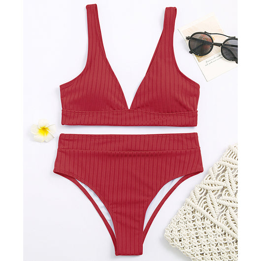 Conjunto de Bikini Acanalado de Cintura Alta y Cuello en V - Image 13