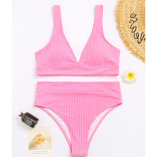 Conjunto de Bikini Acanalado de Cintura Alta y Cuello en V - Image 9