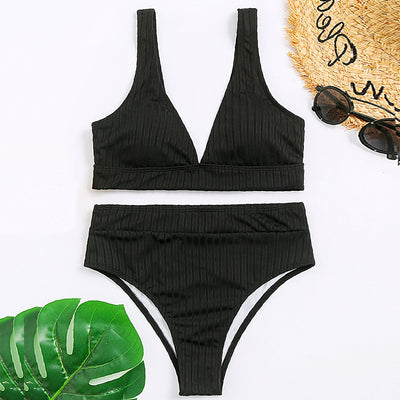 Conjunto de Bikini Acanalado de Cintura Alta y Cuello en V - Image 7