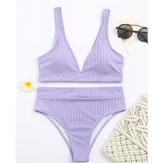 Conjunto de Bikini Acanalado de Cintura Alta y Cuello en V - Image 6