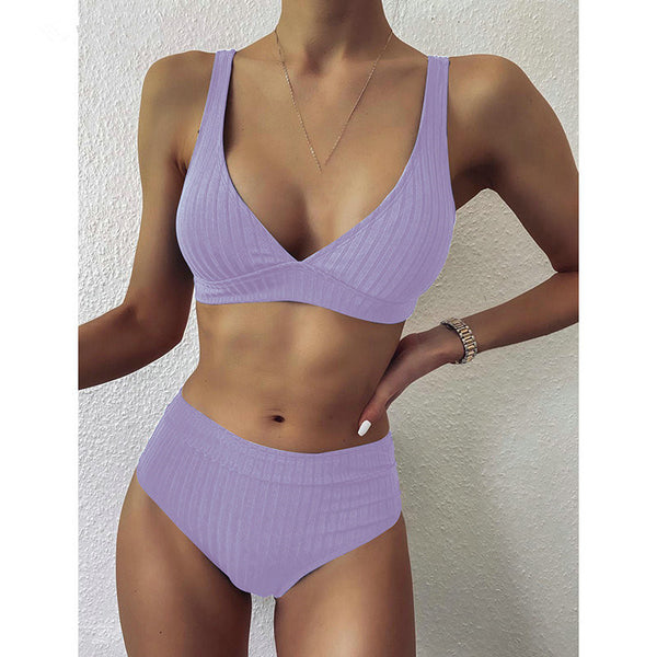 Conjunto de Bikini Acanalado de Cintura Alta y Cuello en V