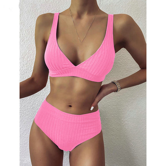 Conjunto de Bikini Acanalado de Cintura Alta y Cuello en V - Image 3