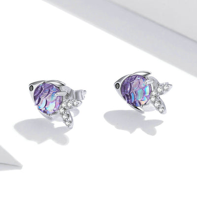Aretes de Plata 925 Peces Felices con Zirconia de Colores y Baño de Platino