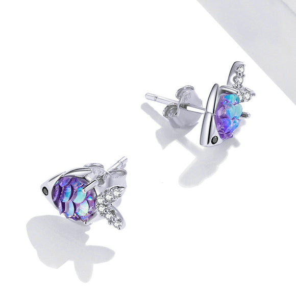 Aretes de Plata 925 Peces Felices con Zirconia de Colores y Baño de Platino