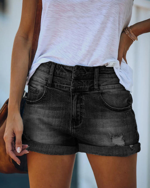 Shorts Denim Rotos Cintura Alta Elástica - Image 3