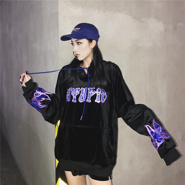 Sudadera Harajuku Premium con Bordado de Llamas y Capucha de Felpa