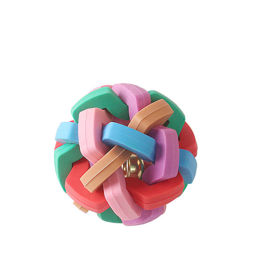 Colorful pet toy ball with interlocking plastic pieces and an internal bell, designed for bite resistance. - Image 6