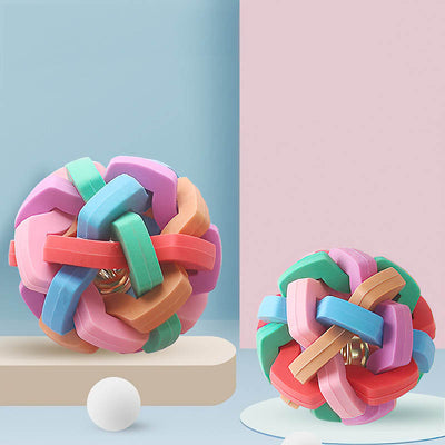 Colorful pet toy ball with interlocking plastic pieces and an internal bell, designed for bite resistance. - Image 10