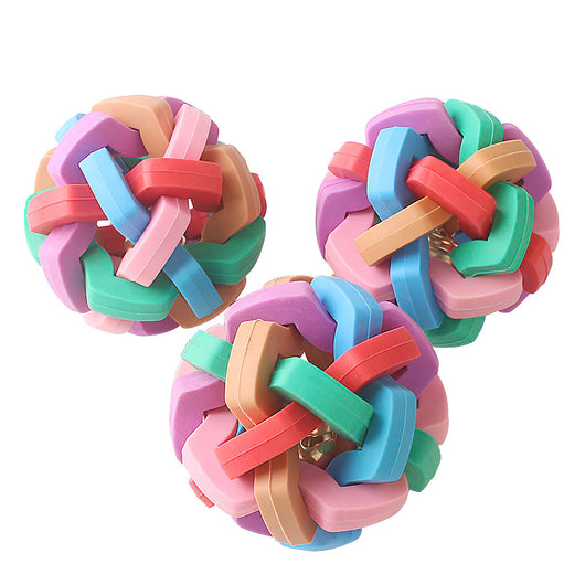 Colorful pet toy ball with interlocking plastic pieces and an internal bell, designed for bite resistance. - Image 4