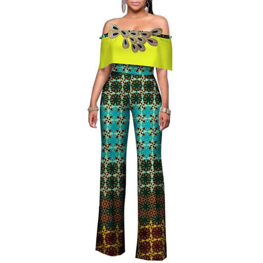 Jumpsuit Estampado de Algodón con Hombro Descubierto y Pantalón Ancho - Moda Africana