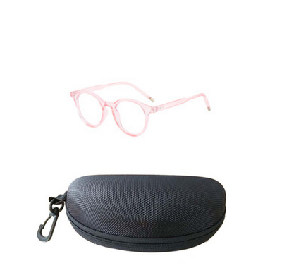 Round tortoise-patterned anti-blue light glasses with clear lenses, shown with a black zippered hard case. - Image 6