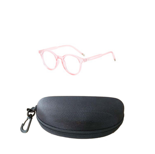 Round tortoise-patterned anti-blue light glasses with clear lenses, shown with a black zippered hard case. - Image 6