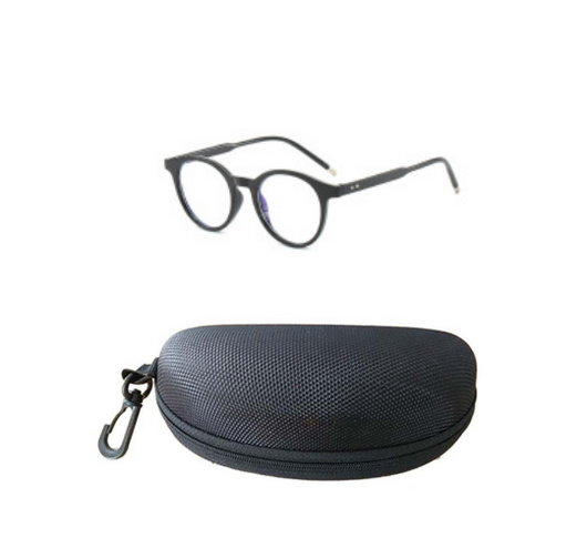 Round tortoise-patterned anti-blue light glasses with clear lenses, shown with a black zippered hard case. - Image 7