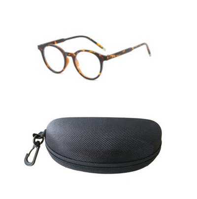 Round tortoise-patterned anti-blue light glasses with clear lenses, shown with a black zippered hard case. - Image 9