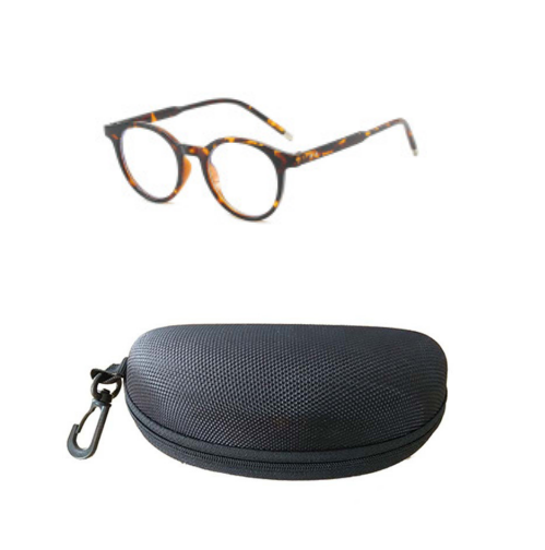 Round tortoise-patterned anti-blue light glasses with clear lenses, shown with a black zippered hard case. - Image 9