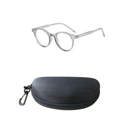 Round tortoise-patterned anti-blue light glasses with clear lenses, shown with a black zippered hard case. - Image 8
