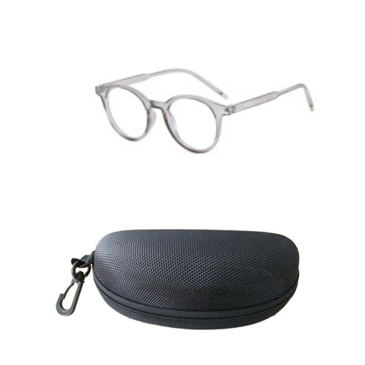 Round tortoise-patterned anti-blue light glasses with clear lenses, shown with a black zippered hard case. - Image 8