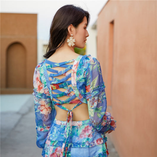 Jumpsuit Largo con Espalda en V y Estampado Floral Azul - Image 7