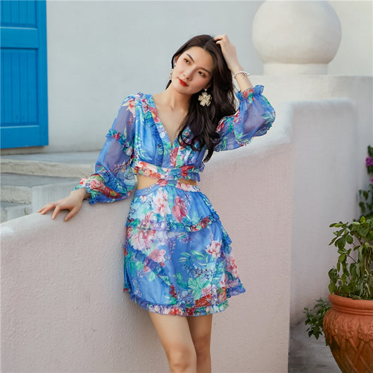 Jumpsuit Largo con Espalda en V y Estampado Floral Azul - Image 3