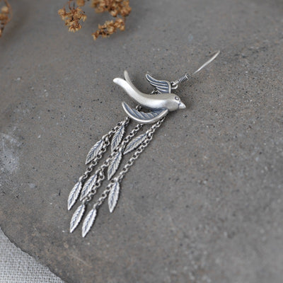 Aretes de Plata S925 Diseño Retro Minimalista con Borla Larga y Golondrina Literaria