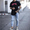 Distressed White Slim Jeans with Cat Print