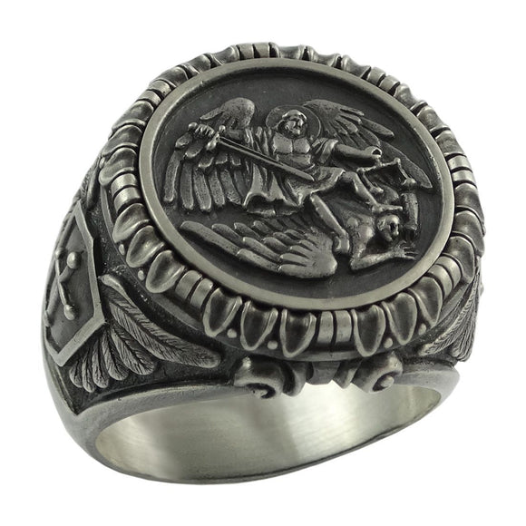 Anillo Vikingo Templario San Miguel Arcángel Acero Inoxidable 316L - Joyería Biker Protección