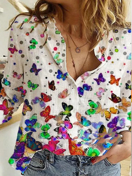 Blusa Estampada de Solapa y Manga Larga para Mujer
