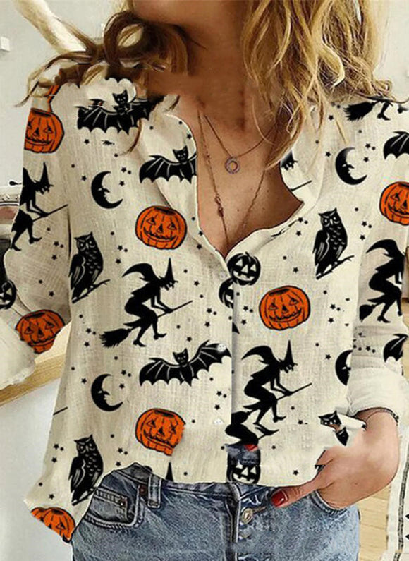 Blusa Estampada de Solapa y Manga Larga para Mujer