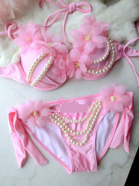 Traje de Baño Triangular con Flores de Chifón y Encaje para Cuello - Image 6