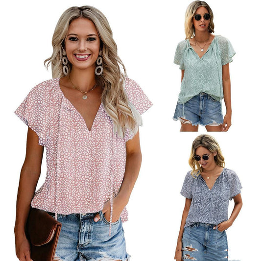 Blusa Floral con Cuello en V y Mangas Cortas Estampado Loto
