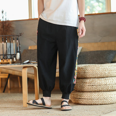 Pantalones Capri Estilo Tang Chino - Diseño Patchwork Holgado en Algodón y Cáñamo - Image 9