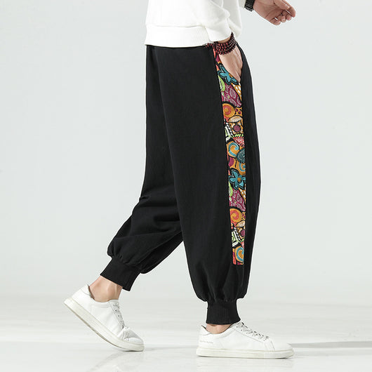 Pantalones Capri Estilo Tang Chino - Diseño Patchwork Holgado en Algodón y Cáñamo