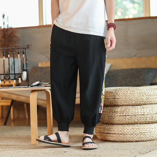 Pantalones Capri Estilo Tang Chino - Diseño Patchwork Holgado en Algodón y Cáñamo - Image 3
