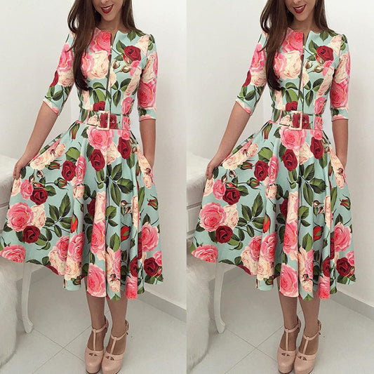 Vestido Plisado Estampado de Manga Midi