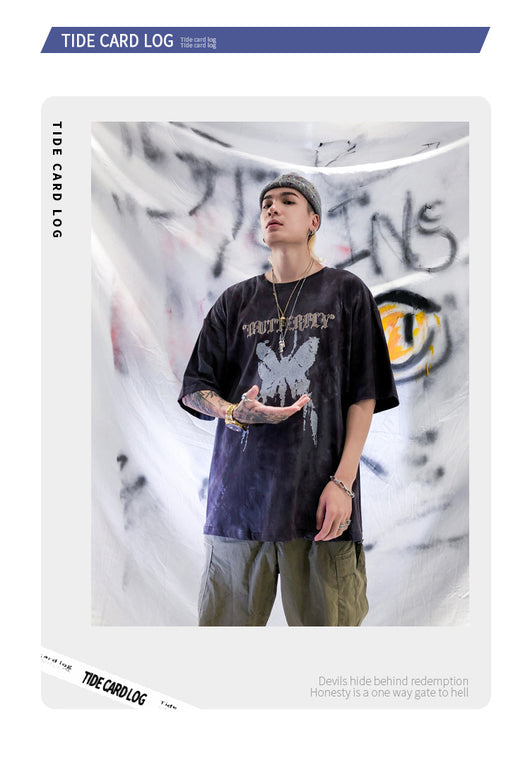 Camiseta Tie-dye Mariposa Unisex Hip-hop Oversize Parejas - Image 7