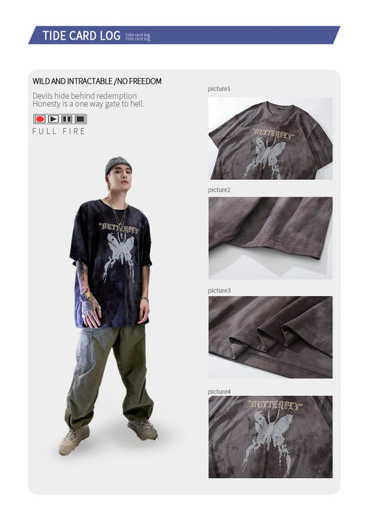 Camiseta Tie-dye Mariposa Unisex Hip-hop Oversize Parejas - Image 19