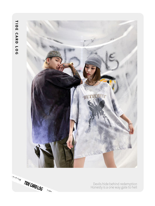 Camiseta Tie-dye Mariposa Unisex Hip-hop Oversize Parejas - Image 3