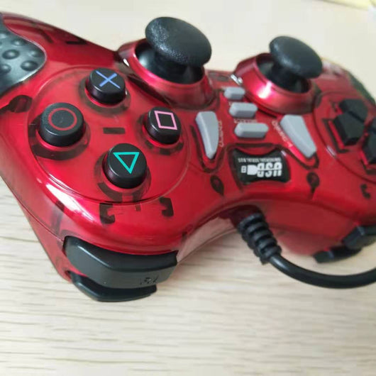 Red translucent USB wired gamepad with black buttons, D-pad, dual analog sticks, and a black cable. - Image 7