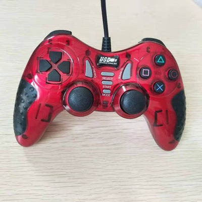Red translucent USB wired gamepad with black buttons, D-pad, dual analog sticks, and a black cable. - Image 12
