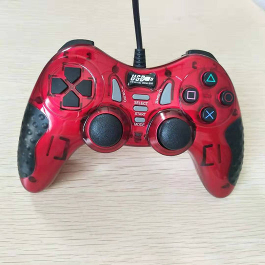 Red translucent USB wired gamepad with black buttons, D-pad, dual analog sticks, and a black cable. - Image 12