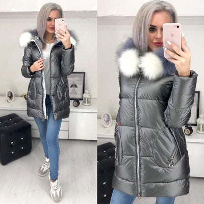 Abrigo Largo Brillante con Cuello de Pelaje para Mujer - Chaqueta Cálida - Image 10