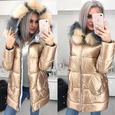 Abrigo Largo Brillante con Cuello de Pelaje para Mujer - Chaqueta Cálida - Image 13