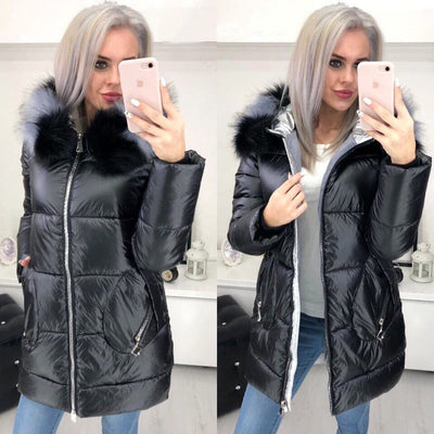 Abrigo Largo Brillante con Cuello de Pelaje para Mujer - Chaqueta Cálida - Image 9
