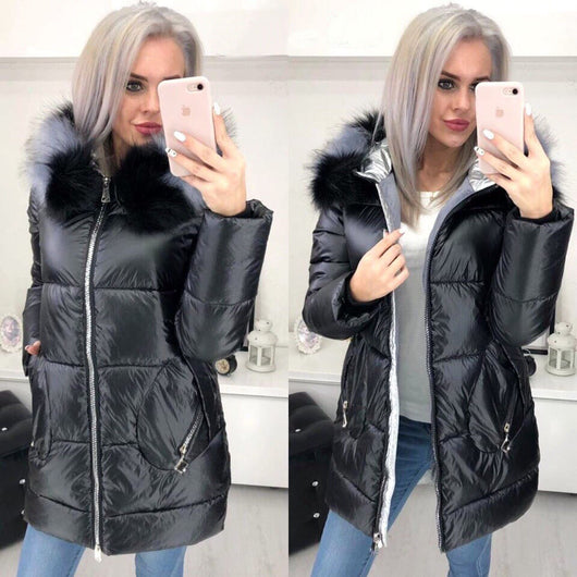 Abrigo Largo Brillante con Cuello de Pelaje para Mujer - Chaqueta Cálida - Image 9