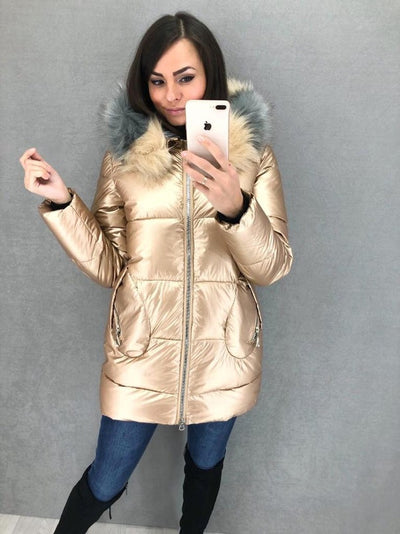 Abrigo Largo Brillante con Cuello de Pelaje para Mujer - Chaqueta Cálida - Image 5