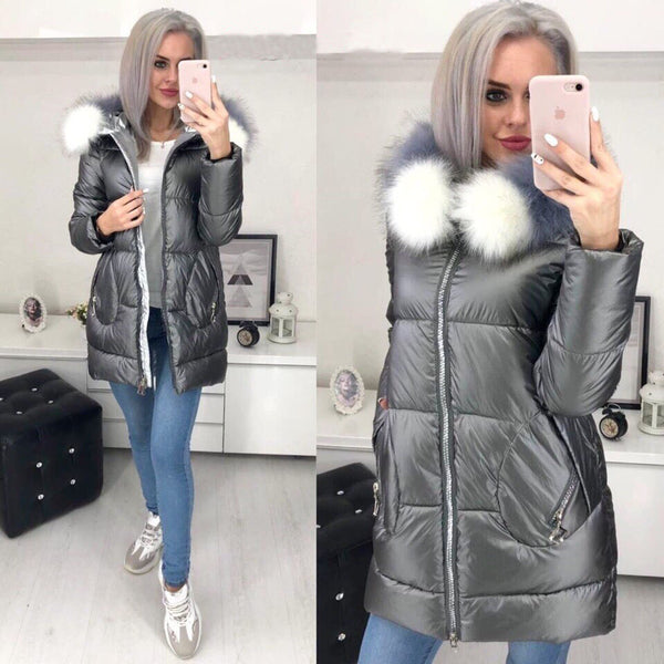 Abrigo Largo Brillante con Cuello de Pelaje para Mujer - Chaqueta Cálida