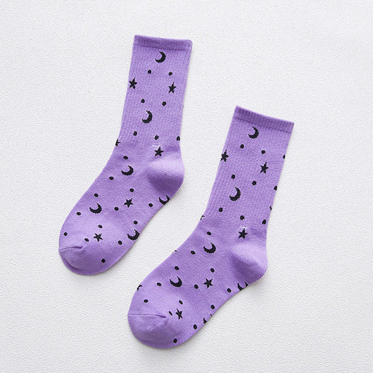 Calcetines Tubo de Algodón para Mujer con Estampado de Estrella y Luna